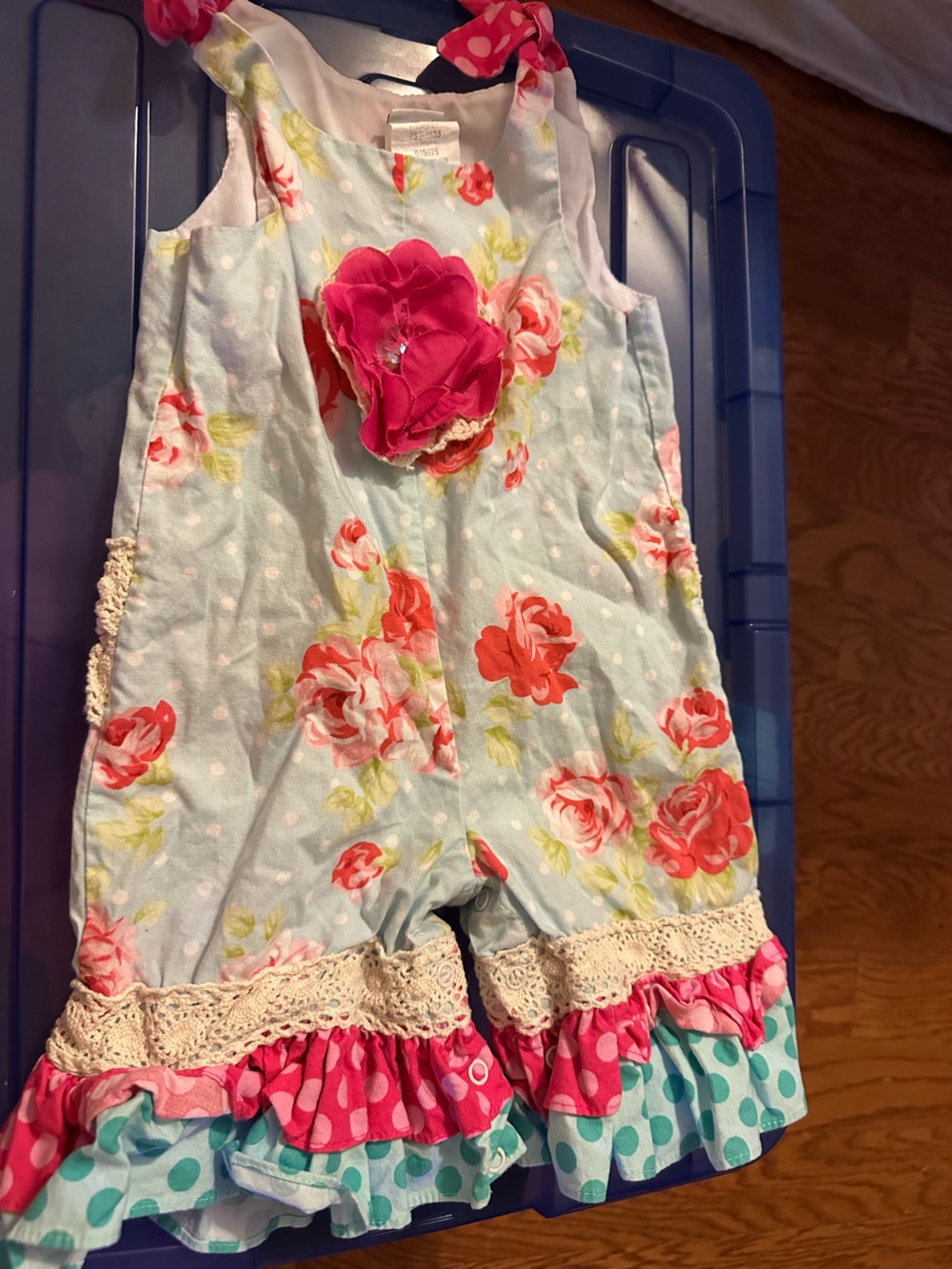 Girls Floral Ruffle Romper - Aqua with Pink Accents